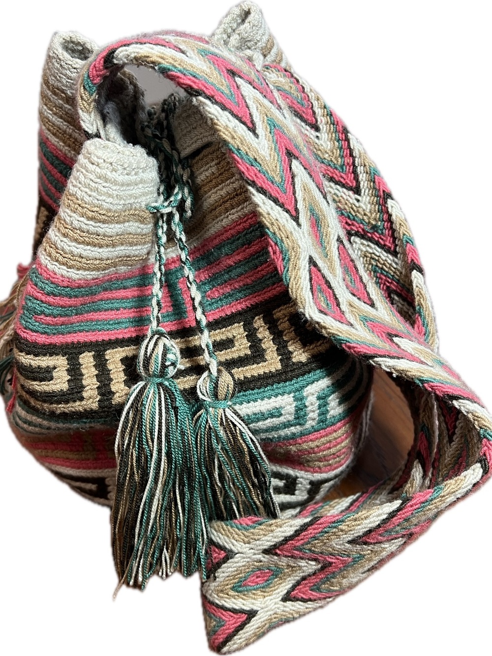 Handmade Wayuu Style Woven Mochila Bucket Bag Boho Artisan Tassel Purse